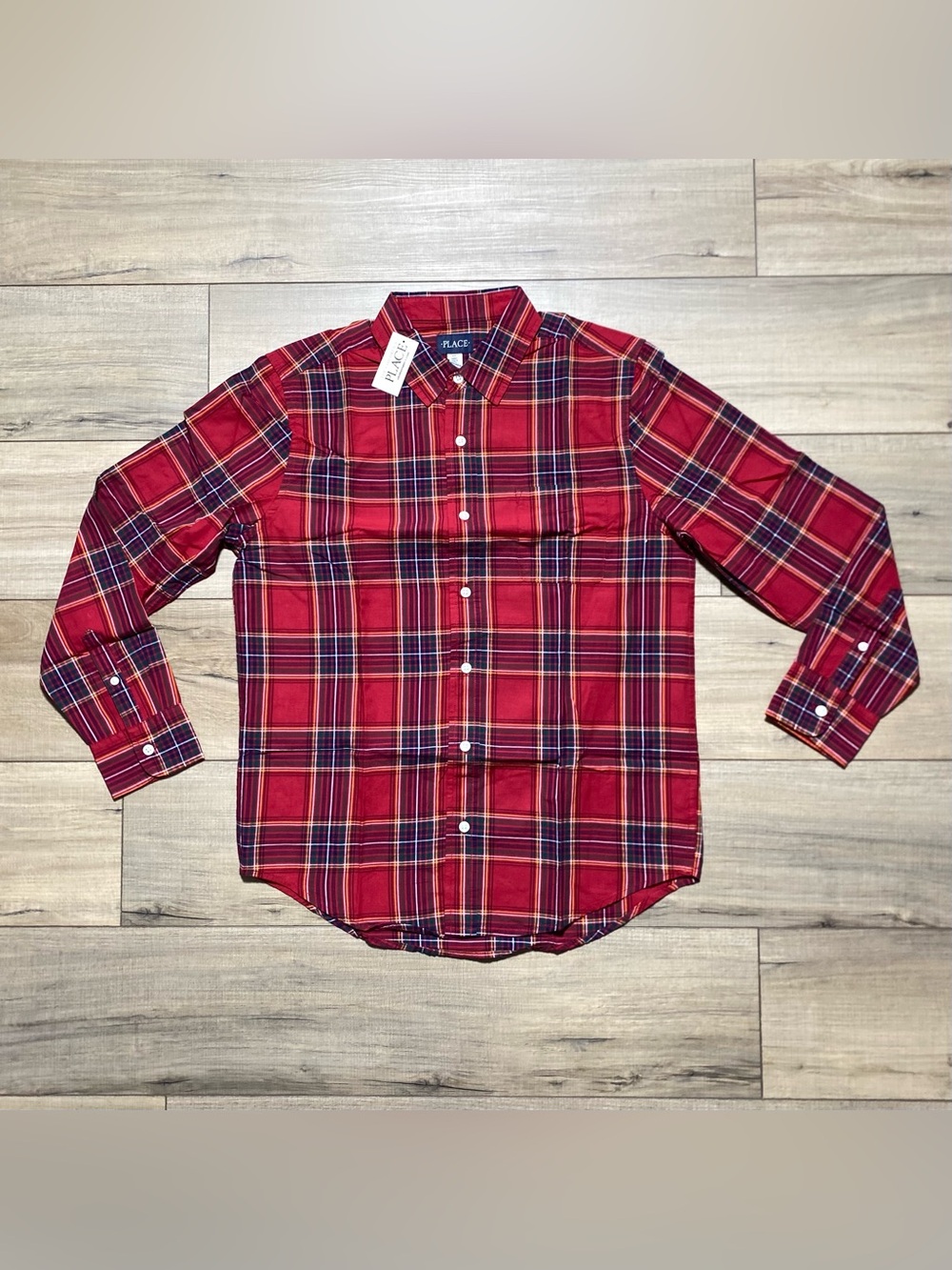 The Children’s Place Mens Button Up Plaid Long Sleeve Shirt Size Small Adult Red